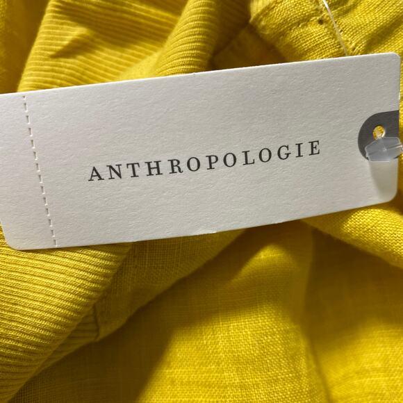 Anthropologie Wide‎ Leg Linen Cropped Pants Women L Yellow Pom Pom Trim Pull On - Picture 6 of 12